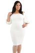 Sexy White Pleated Shoulder Plus Bodycon Dress